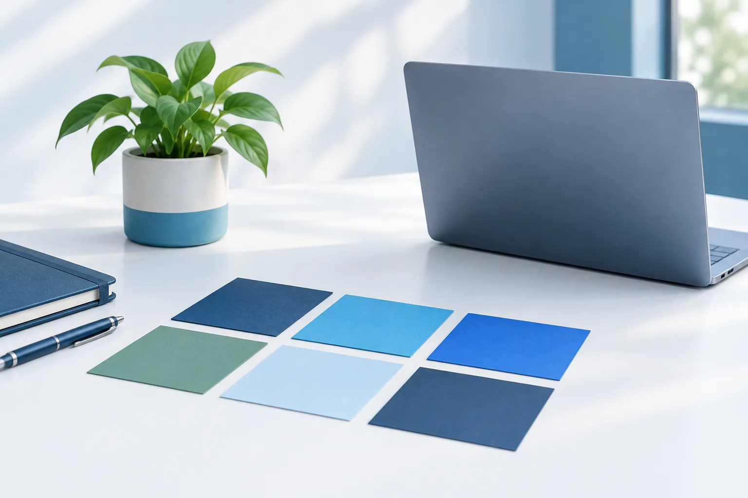 Blank colored cards and a closed laptop arranged neatly on a desk.