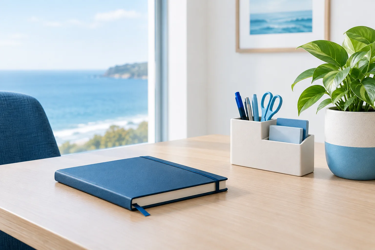A notebook, desk organizer, and small plant on a tidy office desk.
