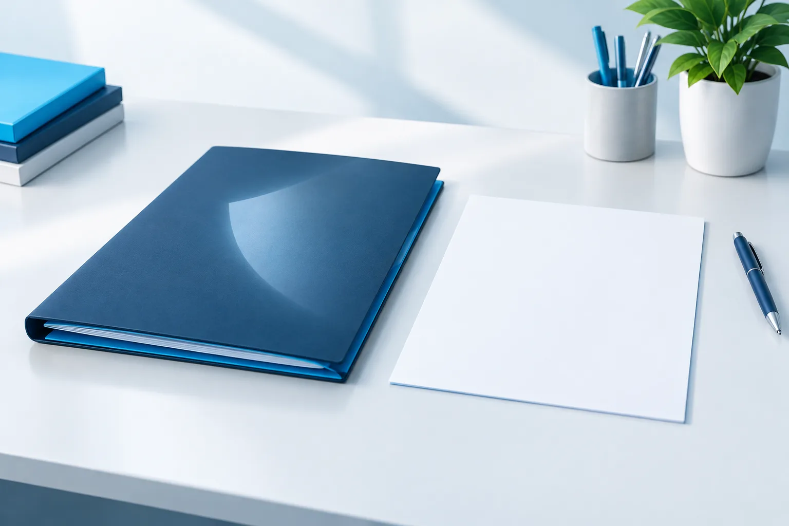 Folders and a blank sheet arranged neatly on a professional workspace.
