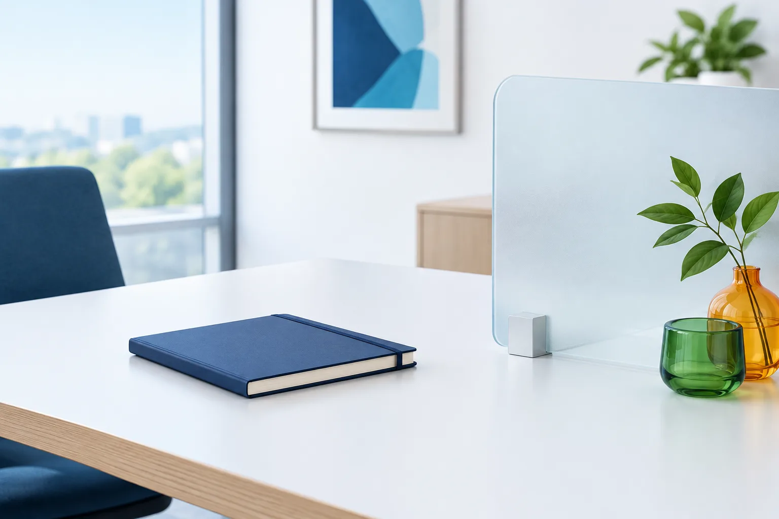 A plain notebook beside a translucent privacy screen on a clean office desk.